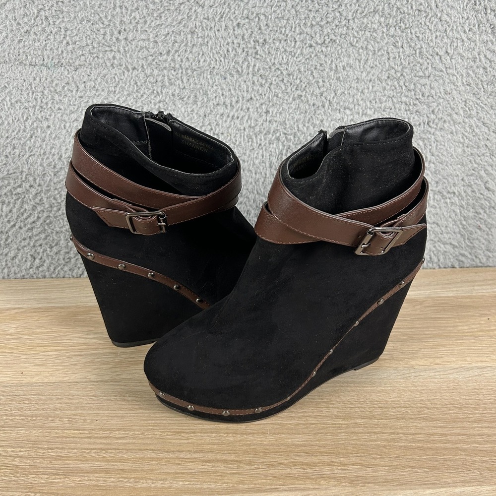 Red Circle Wedge Ankle‎ Booties Womens 8.5 Black Brown Strap Studded Side Zip